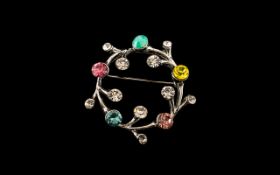 Tutti Frutti White Metal and Brightly Coloured Stone Set Brooch, pretty and colourful, 2 inches in