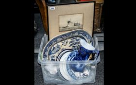 Box of Collectible Porcelain & China, including a large blue and white meat plate, a blue and