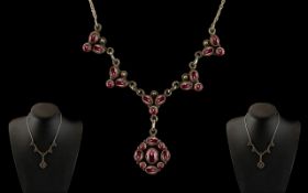 Ladies 1920's Sterling Silver Ornate Necklace Set with Cabochon Cut Garnets.