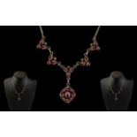 Ladies 1920's Sterling Silver Ornate Necklace Set with Cabochon Cut Garnets.