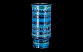 Italian 1960s Art Pottery Blue Glazed Vase with incised decoration; factory marks to base;