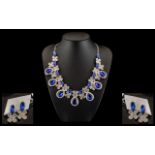 Sapphire Blue and White Crystal Collar Necklace and Earrings Set, large pear shape sapphire blue