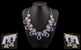Sapphire Blue and White Crystal Collar Necklace and Earrings Set, large pear shape sapphire blue