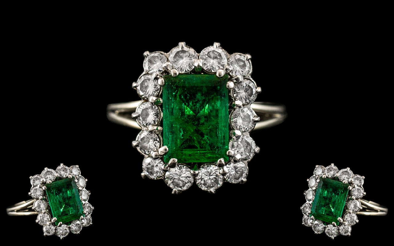 Art Deco Period - 18ct White Gold Stunning Emerald and Diamond Set Dress Ring. c1930's.