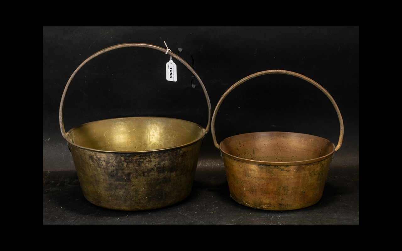 Two Large Vintage Jam Pans, measuring 26 cm and 31 cm diameter respectively, with handles.