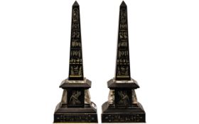 Pair of French Antique Black Marble and Granite Obelisks, with gilded,