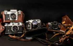 Collection of Five Vintage Cased Cameras comprising Goed 3, Goed 4, Kiev,