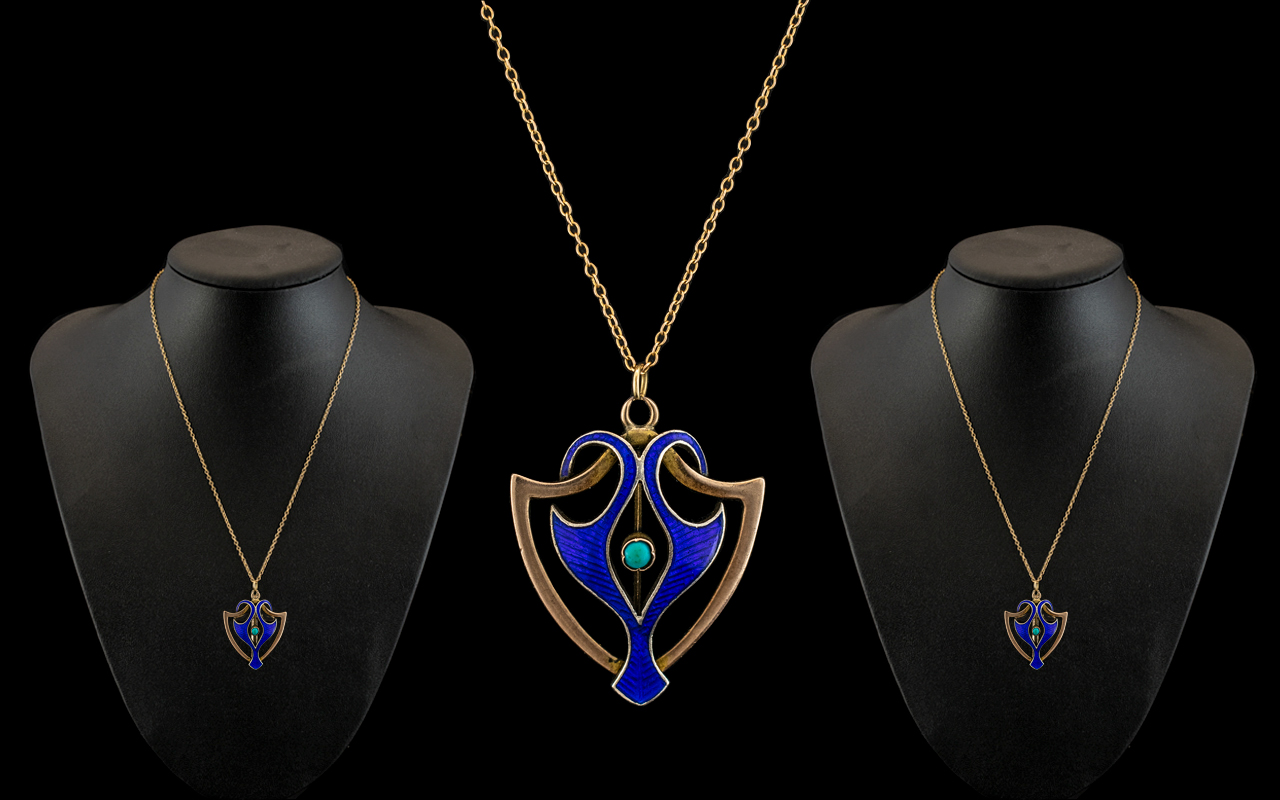 Art Nouveau - Attractive and Superb 9ct Gold and Enamel Pendant Set with Turquoise to Centre of