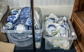 Two Boxes of Miscellaneous Blue and White Pottery Dinner Ware comprising Willow Pattern plates and