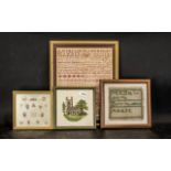 Collection of Four Samplers, comprising an alphabet sampler dated 1874, in frame, some staining,