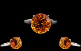 Sterling Silver - Attractive Single Stone Citrine Set Fashion Ring of Large Proportions.