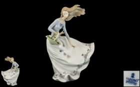 Lladro Tall and Impressive Hand Painted Porcelain Figure ' Petals on the Wind ' Young Lady Holding