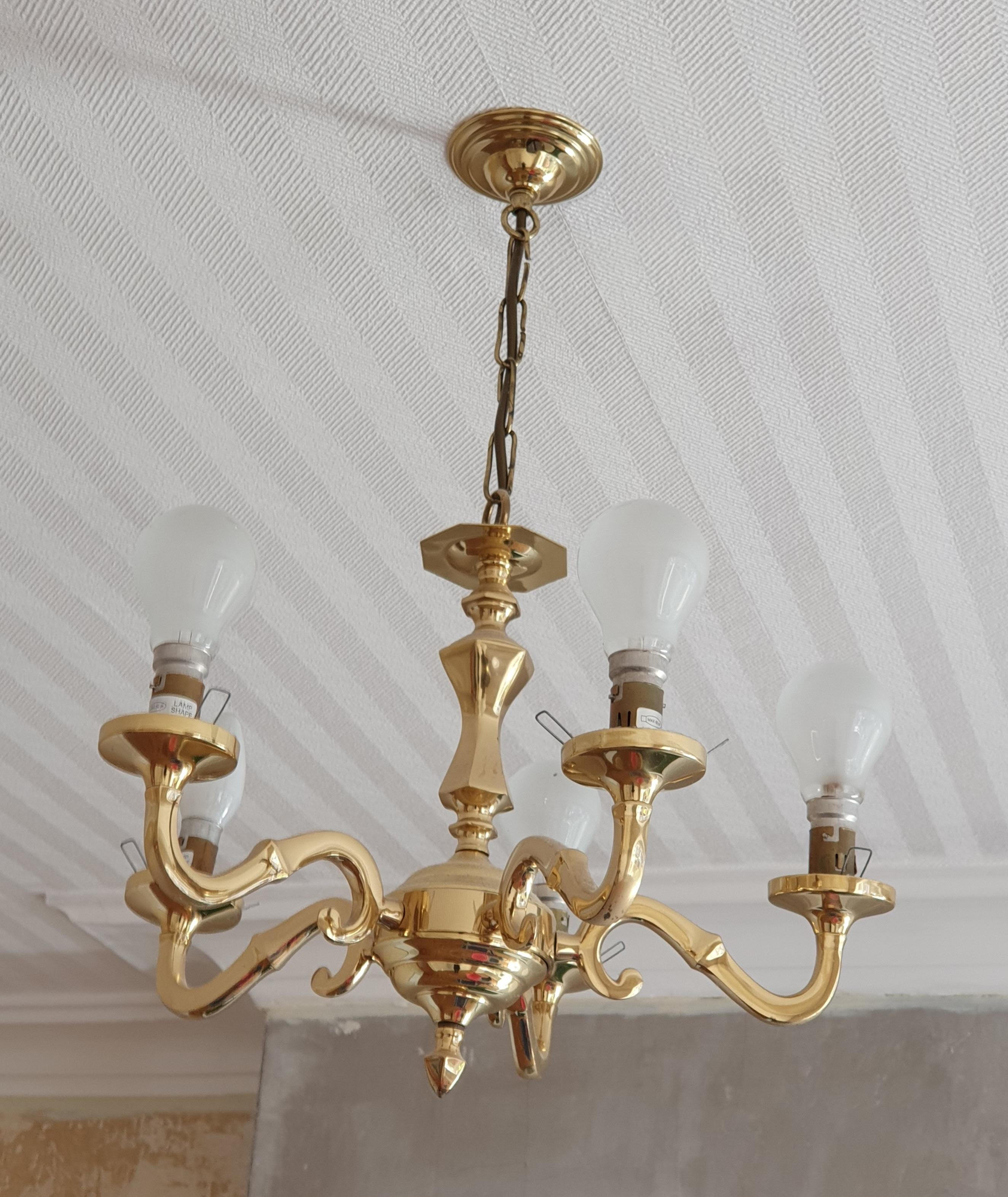 Two Brass Chandeliers ( 5 Branch without Shades ) 3 Branch with Glass Shades. - Image 2 of 2