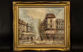 ' French Impressionist ' Oil on Canvas depicting a street scene with figures, in a gilt frame,