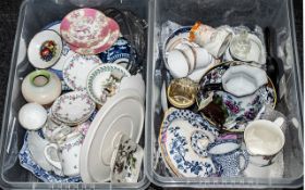 Two Boxes of Miscellaneous Pottery Items including Foley, Dresden figure, Ironstone punch bowl,