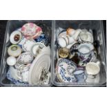 Two Boxes of Miscellaneous Pottery Items including Foley, Dresden figure, Ironstone punch bowl,