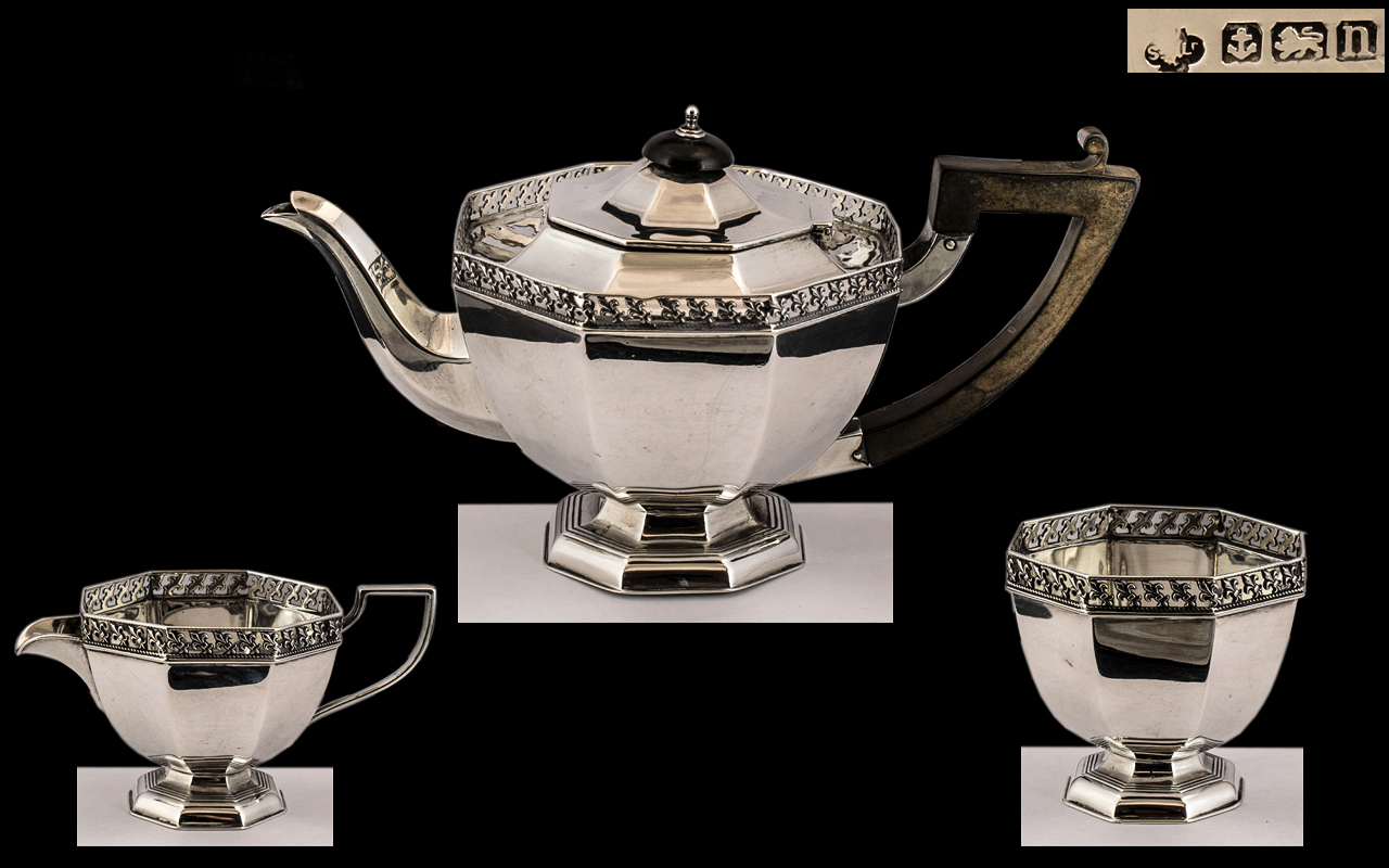 Edwardian Period Well Designed 3 Piece Singles Sterling Silver Tea-Service of Pleasing