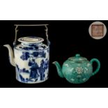Large Blue and White Chinese Lidded Tea Pot with a brass carrying handle,