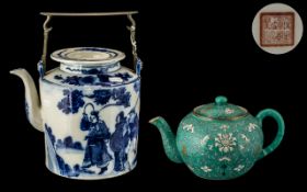 Large Blue and White Chinese Lidded Tea Pot with a brass carrying handle,