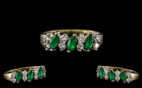 Ladies 9ct Gold - Attractive Emerald and Diamond Set Ring. Marked with Full Hallmark for 9.