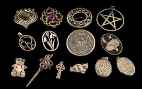 Excellent Collection of Antique and Vintage Sterling Silver Brooches, Lockets etc,