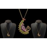 9ct Gold Bird on a Swing Pendant Set with Emerald, Sapphires and Rubies,