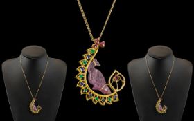 9ct Gold Bird on a Swing Pendant Set with Emerald, Sapphires and Rubies,