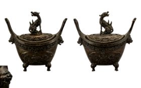 Ching Dynasty Pair of Finely Cast Heavy Bronze Boat Shaped Altar Incense Burners of unusual form,