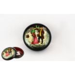 Russian Round Paper Mache Box decorated with a winter scene, with red interior,