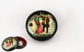 Russian Round Paper Mache Box decorated with a winter scene, with red interior,