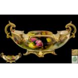 Royal Worcester - Signed Fine Hand Painted Porcelain Twin Handle Boat Shaped Floral Centrepiece
