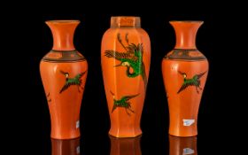 Shelley - Three Small Orange Art Deco 'Crane' Vases, 7" tall, all marked Shelley to base,