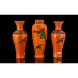 Shelley - Three Small Orange Art Deco 'Crane' Vases, 7" tall, all marked Shelley to base,