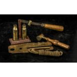 Military Interest: Antique Brass Button Holder stamped AM B 106925/40/CI/B, brass shot measure,