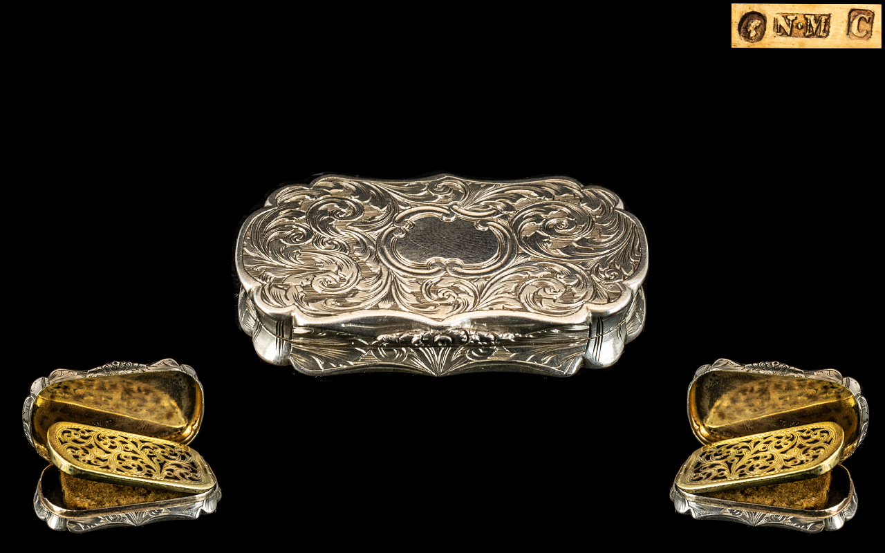 Nathaniel Mills Superb Sterling Silver Hinged Vinaigrette with Gilt Interior and Wonderful Open