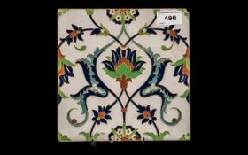 Large Minton & Hollins Isnik Pattern Tile, impressed marks to back, c1870s.