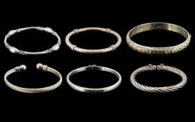 Excellent Collection of Assorted Sterling Silver Bangles ( 6 ) In Total.