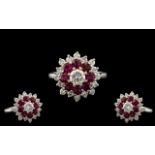 18ct White Gold - Attractive and Quality Ruby and Diamond Set Cluster Ring.