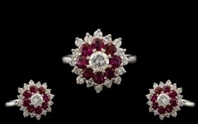 18ct White Gold - Attractive and Quality Ruby and Diamond Set Cluster Ring.