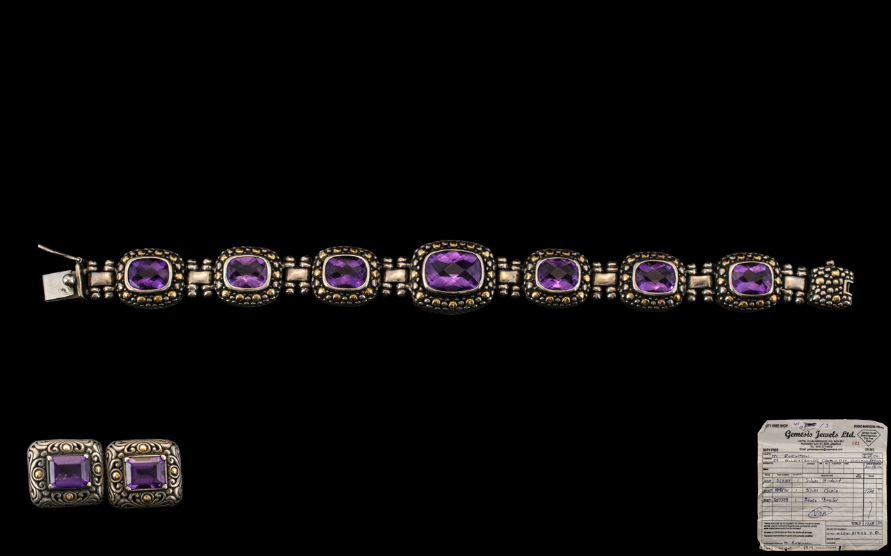 Amethyst Silver and Gold Bracelet with Seven Faceted Matching Stones Set In Heavy Quality Stamped