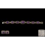 Amethyst Silver and Gold Bracelet with Seven Faceted Matching Stones Set In Heavy Quality Stamped