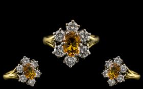 18ct Yellow Gold - Attractive Diamond and Citrine Set Cluster Ring - Flower head Design.