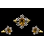 18ct Yellow Gold - Attractive Diamond and Citrine Set Cluster Ring - Flower head Design.