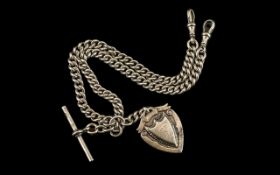 Antique Period Sterling Silver Double Albert Watch Chain with Attached Fob / Medal / T-Bar.