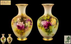 Royal Worcester Superb Matched Pair of Signed and Hand Painted Globular Shaped Vases ' Roses '