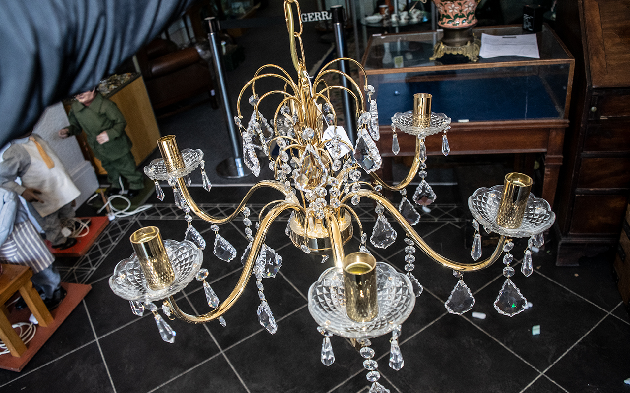 A Reproduction Brass and Crystal Drop Glass Chandelier in the French Style electrified, - Image 2 of 2