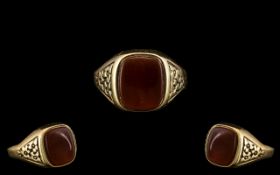 Antique Period - Gents 9ct Gold Bloodstone Set Dress Ring, Ornate Shoulders,