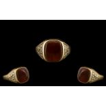 Antique Period - Gents 9ct Gold Bloodstone Set Dress Ring, Ornate Shoulders,