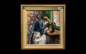 Small Oil Painting on Panel depicting a lady sewing; Modern school, signed Durkin, framed,