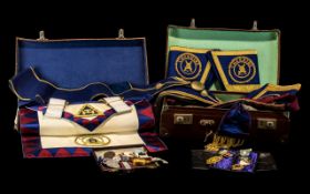 Masonic Interest: Two Cases containing Masonic aprons, cuffs, sashes, gilt decorations,